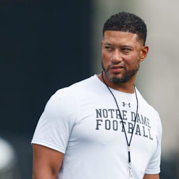 Notre Dame head coach Marcus Freeman watches his team during a football practice at Irish Athletic Center on Thursday, July 31, 2025, in South Bend.