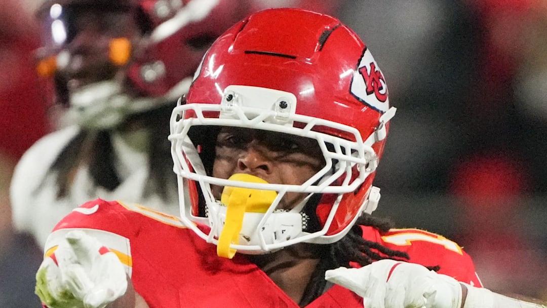 Oct 27, 2025; Kansas City, Missouri, USA; Kansas City Chiefs running back Isiah Pacheco (10) reacts after a play against the Washington Commanders during the fourth quarter of the game at GEHA Field at Arrowhead Stadium. Mandatory Credit: Denny Medley-Imagn Images