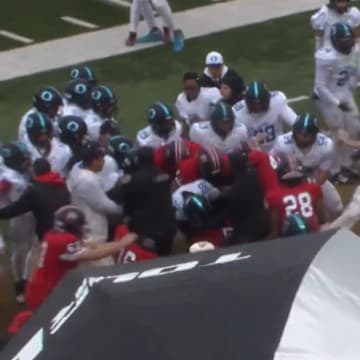 The Oceanside Collegiate and Belton-Honea Path football teams were involved in a postgame brawl following the Landsharks' 28-7 win in the SCHSL AAA state championship game on Friday.