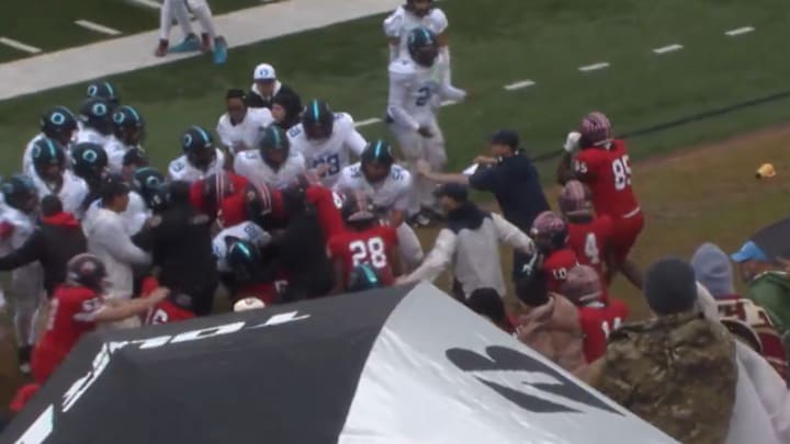 The Oceanside Collegiate and Belton-Honea Path football teams were involved in a postgame brawl following the Landsharks' 28-7 win in the SCHSL AAA state championship game on Friday.