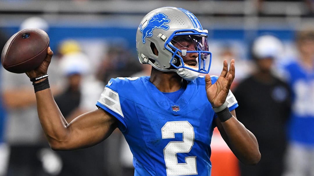Aug 16, 2025; Detroit, Michigan, USA;  Detroit Lions quarterback Hendon Hooker (2) throws the ball against the Miami Dolphins in the fourth quarter at Ford Field. Mandatory Credit: Lon Horwedel-Imagn Images