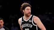 Apr 10, 2025; Brooklyn, New York, USA; Brooklyn Nets forward Drew Timme (26) brings the ball up court against the Atlanta Hawks during the second quarter at Barclays Center. Mandatory Credit: Brad Penner-Imagn Images