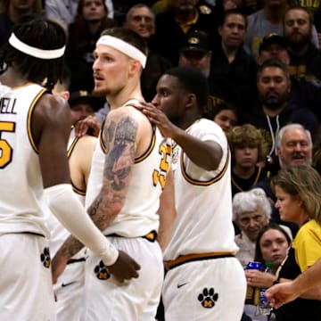 Feb. 9, 2025; Columbia, Missouri, USA; Missouri Tigers guard Anthony Robinson II, forward Mark Mitchell, guard Jacob Crews and guard Marques Warrick (left to right) against the Texas A&M Aggies at Mizzou Arena. / Amber Winkler/ Missouri On SI