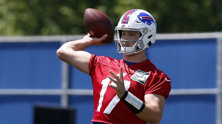 May 21, 2019; Orchard Park, NY, USA; Buffalo Bills quarterback Josh Allen (17) throws a pass during organized team activities at ADPRO Sports Training Center.