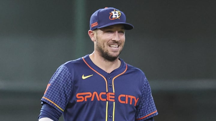 Jul 29, 2024; Houston, Texas, USA; Houston Astros third baseman Alex Bregman (2) smiles on the field before the game against the Pittsburgh Pirates at Minute Maid Park