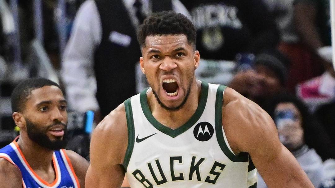 Oct 28, 2025; Milwaukee, Wisconsin, USA; Milwaukee Bucks forward Giannis Antetokounmpo (34) reacts after scoring a basket in the 3rd quarter against the New York Knicks at Fiserv Forum. Mandatory Credit: Benny Sieu-Imagn Images