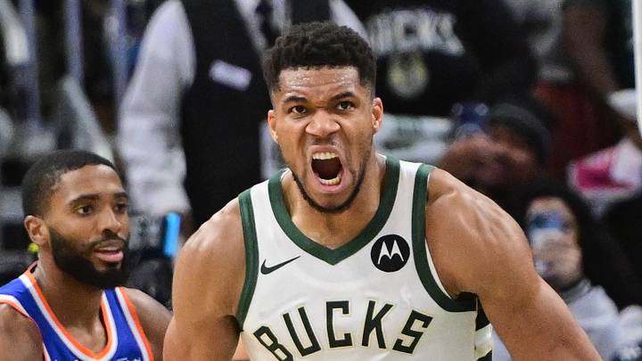 Oct 28, 2025; Milwaukee, Wisconsin, USA; Milwaukee Bucks forward Giannis Antetokounmpo (34) reacts after scoring a basket in the 3rd quarter against the New York Knicks at Fiserv Forum. Mandatory Credit: Benny Sieu-Imagn Images