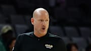 Mar 15, 2025; Fort Worth, TX, USA;  UAB Blazers head coach Andy Kennedy reacts against the North Texas Mean Green during the first half at Dickies Arena. Mandatory Credit: Chris Jones-Imagn Images