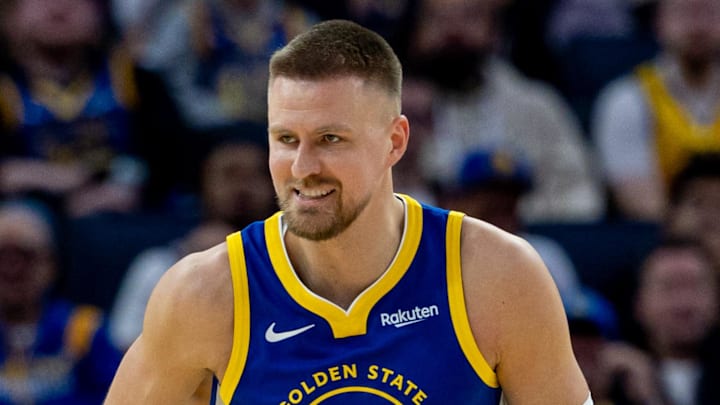 Mar 10, 2026; San Francisco, California, USA; Golden State Warriors center Kristaps Porzingis (7) celebrates during the third quarter against the Chicago Bulls at Chase Center. Mandatory Credit: Bob Kupbens-Imagn Images