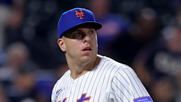 Aug 4, 2025; New York City, New York, USA; New York Mets relief pitcher Ryan Helsley (56) reacts after the top of the tenth inning against the Cleveland Guardians at Citi Field. Mandatory Credit: Brad Penner-Imagn Images