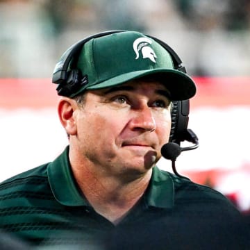 Michigan State's head coach Jonathan Smith looks on during the second quarter in the game against Florida Atlantic on Friday, Aug. 30, 2024, at Spartan Stadium in East Lansing.