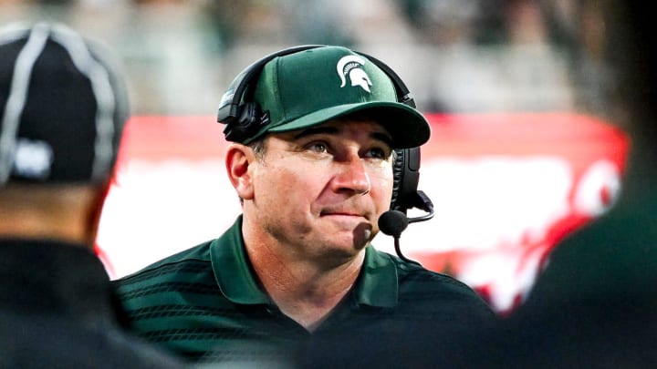 Michigan State's head coach Jonathan Smith looks on during the second quarter in the game against Florida Atlantic on Friday, Aug. 30, 2024, at Spartan Stadium in East Lansing.