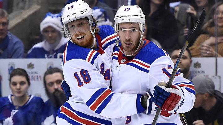Dec 22, 2018; Toronto, Ontario, CAN; New York Rangers defenseman Marc Staal (18) is greeted by forward Kevin Hayes (13) after scoring against the Toronto Maple Leafs in the third period at Scotiabank Arena. Mandatory Credit: Dan Hamilton-USA TODAY Sports Dec 22, 2018; Toronto, Ontario, CAN; New York Rangers defenseman Marc Staal (18) is greeted by forward Kevin Hayes (13) after scoring against the Toronto Maple Leafs in the third period at Scotiabank Arena. Mandatory Credit: Dan Hamilton-USA TODAY Sports