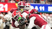 Dec 6, 2025; Atlanta, GA, USA; Georgia Bulldogs wide receiver Zachariah Branch (1) scores a touchdown during the fourth quarter against the Alabama Crimson Tide during the 2025 SEC Championship game at Mercedes-Benz Stadium. 