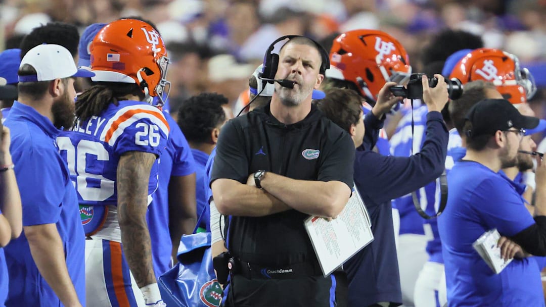 Florida head coach Billy Napier watches during the second half an NCAA football game at Steve Spurrier Field at Ben Hill Griffin Stadium in Gainesville, FL on Saturday, October 18, 2025. [Alan Youngblood/Gainesville Sun]