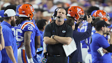 Florida head coach Billy Napier watches during the second half an NCAA football game at Steve Spurrier Field at Ben Hill Griffin Stadium in Gainesville, FL on Saturday, October 18, 2025. [Alan Youngblood/Gainesville Sun]