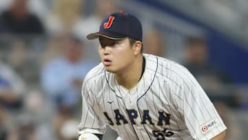 Mar 21, 2023; Miami, Florida, USA; Japan third baseman Munetaka Murakami (55) plays his position during the sixth inning against the USA at LoanDepot Park. Mandatory Credit: Sam Navarro-Imagn Images