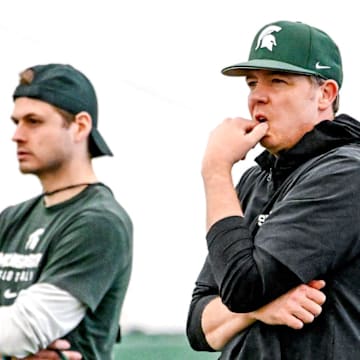 Michigan State quarterbacks coach Jon Boyer looks on during football practice on Tuesday, April 8, 2025, in East Lansing.