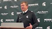 Michigan State hockey head coach Adam Nightingale speaks after a 2-1 OT win over Penn State on Nov. 7, 2025.