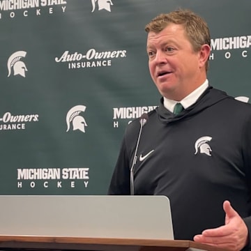 Michigan State hockey head coach Adam Nightingale speaks after a 2-1 OT win over Penn State on Nov. 7, 2025.