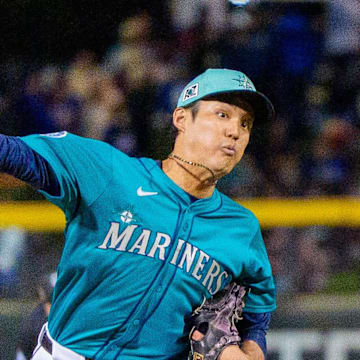 Seattle Mariners pitcher Shintaro Fujinami (13) on the mound during the seventh inning of a spring training game against the Los Angeles Dodgers at Peoria Sports Complex on March 7.