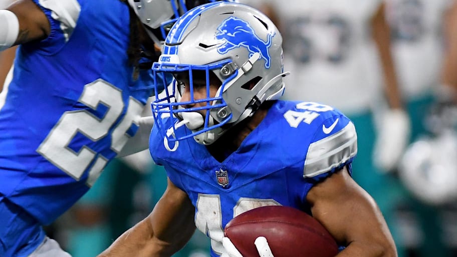 Detroit Lions running back Jacob Saylors. | Eamon Horwedel-Imagn Images