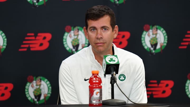 Sep 24, 2024; Boston, MA, USA;  Boston Celtics general manager Brad Stevens talks to reporters during media day at Auerbach Center. Mandatory Credit: David Butler II-Imagn Images
