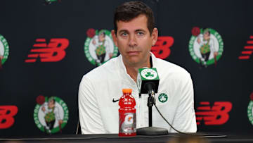  Boston Celtics general manager Brad Stevens talks to reporters during media day at Auerbach Center.