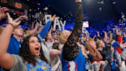 Kansas Jayhawks fans yell out before the first half of the exhibition game against Fort Hays State Tigers inside Allen Fieldhouse on Tuesday, October, 28, 2025.