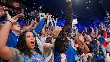 Kansas Jayhawks fans yell out before the first half of the exhibition game against Fort Hays State Tigers inside Allen Fieldhouse on Tuesday, October, 28, 2025.