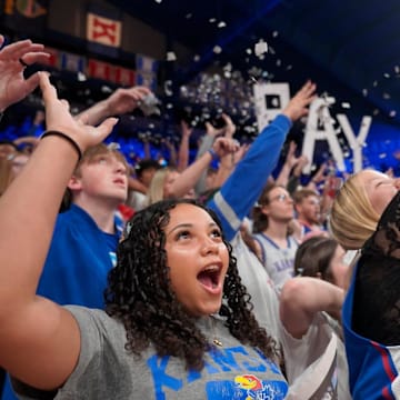Kansas Jayhawks fans yell out before the first half of the exhibition game against Fort Hays State Tigers inside Allen Fieldhouse on Tuesday, October, 28, 2025.