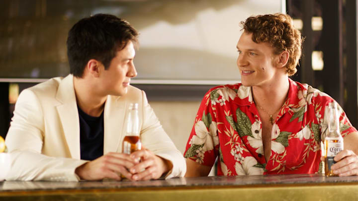 Hudson Williams as Shane Hollander and Connor Storrie as Ilya Rozanov in Heated Rivalry season 1 episode 5 