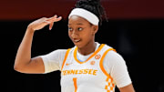 Tennessee guard Nya Robertson (1) celebrates after making a 3-pointer during a women's college basketball game between the Lady Vols and Coppin State held at Thompson-Boling Arena at Food City Center in Knoxville, Tenn., on Nov. 23, 2025.
