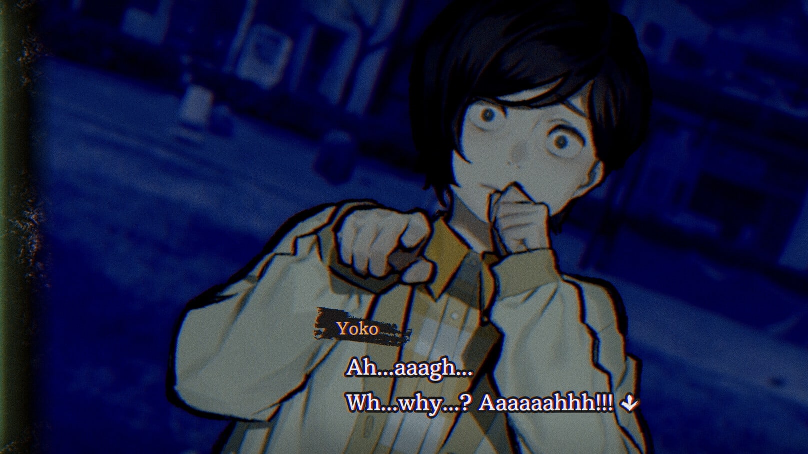 A Paranormasight character looking at the camera in fear