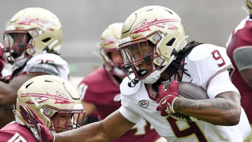 Florida State Seminoles running back Lawrance Toafili (9) runs the ball during the Spring Showcase at Doak S. Campbell Stadium.