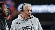 Nov 6, 2025; Denver, Colorado, USA; Las Vegas Raiders head coach Pete Carroll during the first half at Empower Field at Mile High. Mandatory Credit: Isaiah J. Downing-Imagn Images