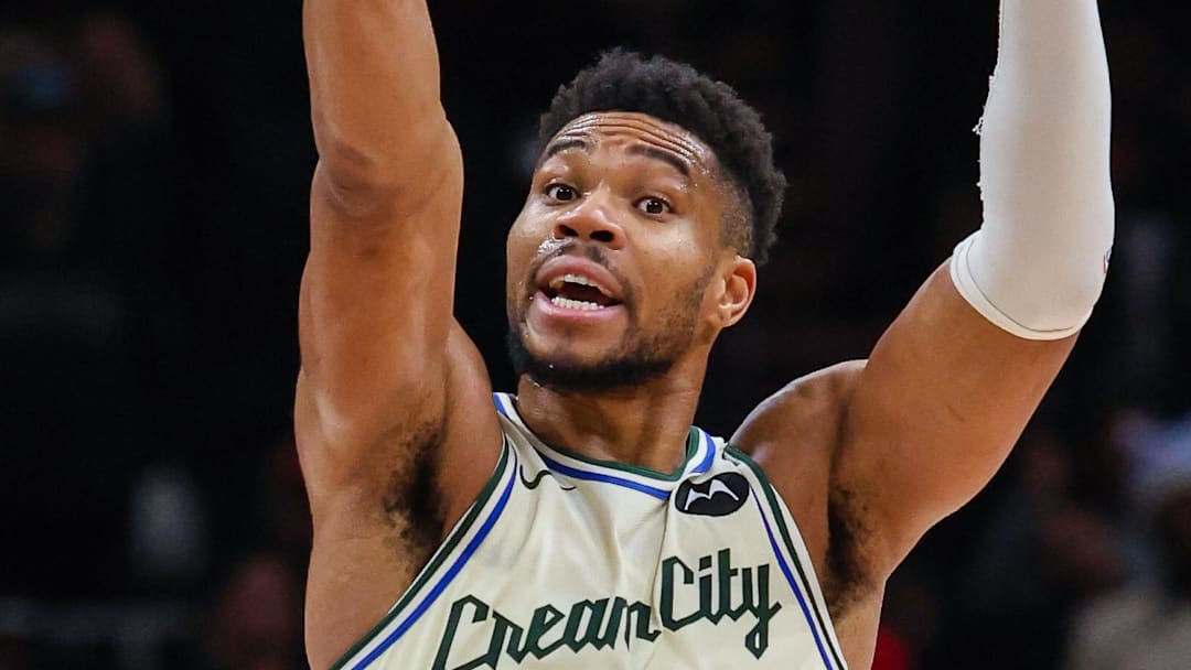 Jan 19, 2026; Atlanta, Georgia, USA; Milwaukee Bucks forward Giannis Antetokounmpo (34) points to teammates during the game against the Atlanta Hawks during the fourth quarter at State Farm Arena. Mandatory Credit: Jordan Godfree-Imagn Images