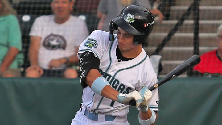 Daytona Tortugas' Tyson Lewis (1) hits the ball 