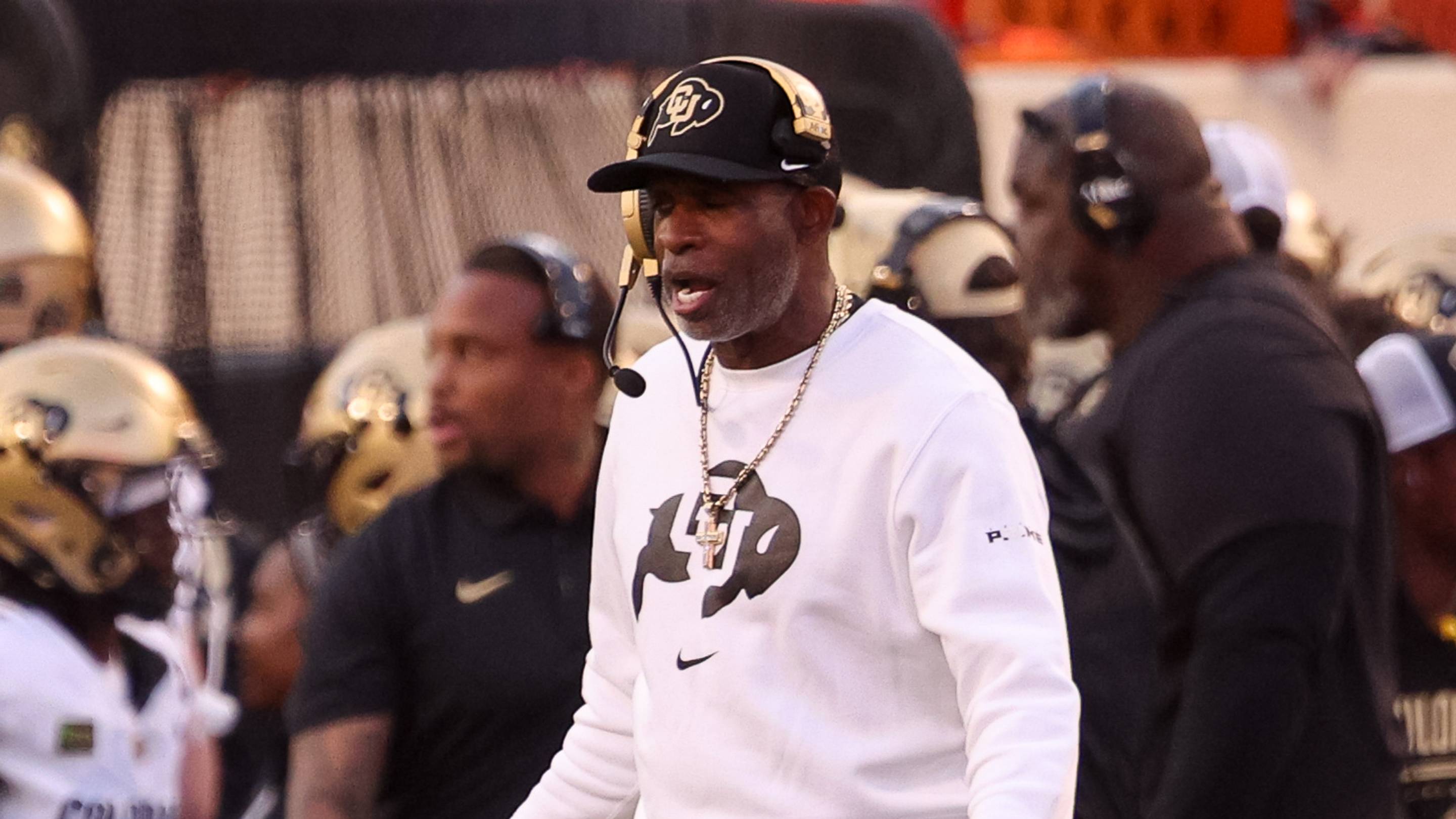 Oct 24, 2026; Stillwater, Oklahoma, USA; Colorado Buffaloes head coach Deion Sanders on the sidelines during the first half against the Oklahoma State Cowboys at Boone Pickens Stadium. | IMAGN IMAGES via Reuters Connect