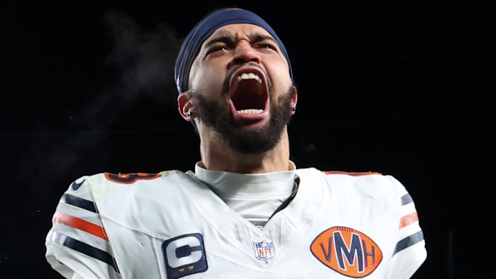 Nov 28, 2025; Philadelphia, Pennsylvania, USA; Chicago Bears quarterback Caleb Williams (18) celebrates after the game against the Philadelphia Eagles at Lincoln Financial Field. Mandatory Credit: Bill Streicher-Imagn Images