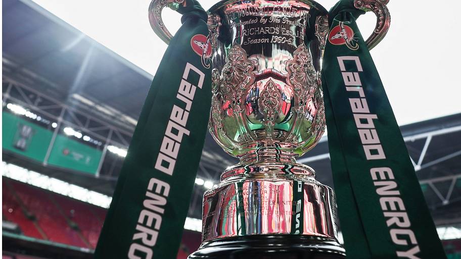 The Carabao Cup final trophy ahead of Arsenal’s clash with Manchester City at Wembley Stadium.