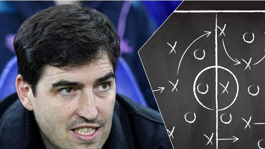 Andoni Iraola and a football tactics board. 