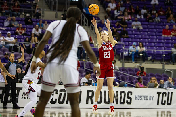 Nebraska guard Britt Prince (23) shoots the ball against Louisville in the first round of the NCAA Tournament.