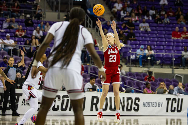 Nebraska guard Britt Prince (23) shoots the ball against Louisville in the first round of the NCAA Tournament.