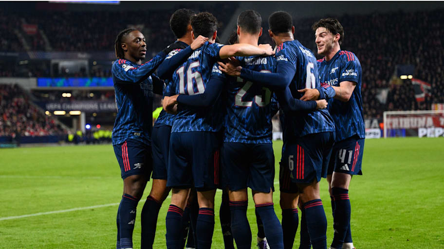 Arsenal’s players celebrate Mikel Merino’s first goal against Slavia Prague.