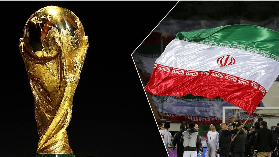 World Cup trophy (left) and Iran flag.