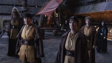 Star Wars: The Acolyte Episode 3 "Destiny." Kelnacca (Joonas Suotamo), Indara (Carrie-Anne Moss), Sol (Lee Jung-jae), Torbin (Dean-Charles Chapman). Image credit: StarWars.com