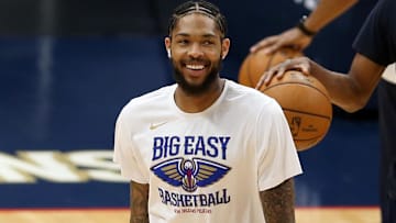 Mar 26, 2021; New Orleans, Louisiana, USA; New Orleans Pelicans forward Brandon Ingram smiles as he warms up before their game against the Denver Nuggets at the Smoothie King Center. Mandatory Credit: Chuck Cook-Imagn Images