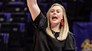 Mar 17, 2023; Baton Rouge, LA, USA;  UNLV Lady Rebels head coach Lindy La Rocque gives direction against the Michigan Wolverines during the first half at Pete Maravich Assembly Center. Mandatory Credit: Stephen Lew-Imagn Images