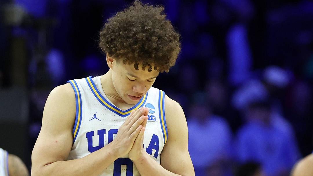 Mar 20, 2026; Philadelphia, PA, USA; UCLA Bruins guard Trent Perry (0) reacts after defeating the UCF Knights during a first round game of the men's 2026 NCAA Tournament at Xfinity Mobile Arena. Mandatory Credit: Bill Streicher-Imagn Images